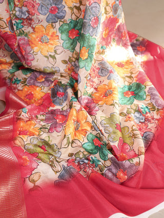 Pink Elegant Tussar Silk Floral Printed Saree with Viscose Border ClothsVilla