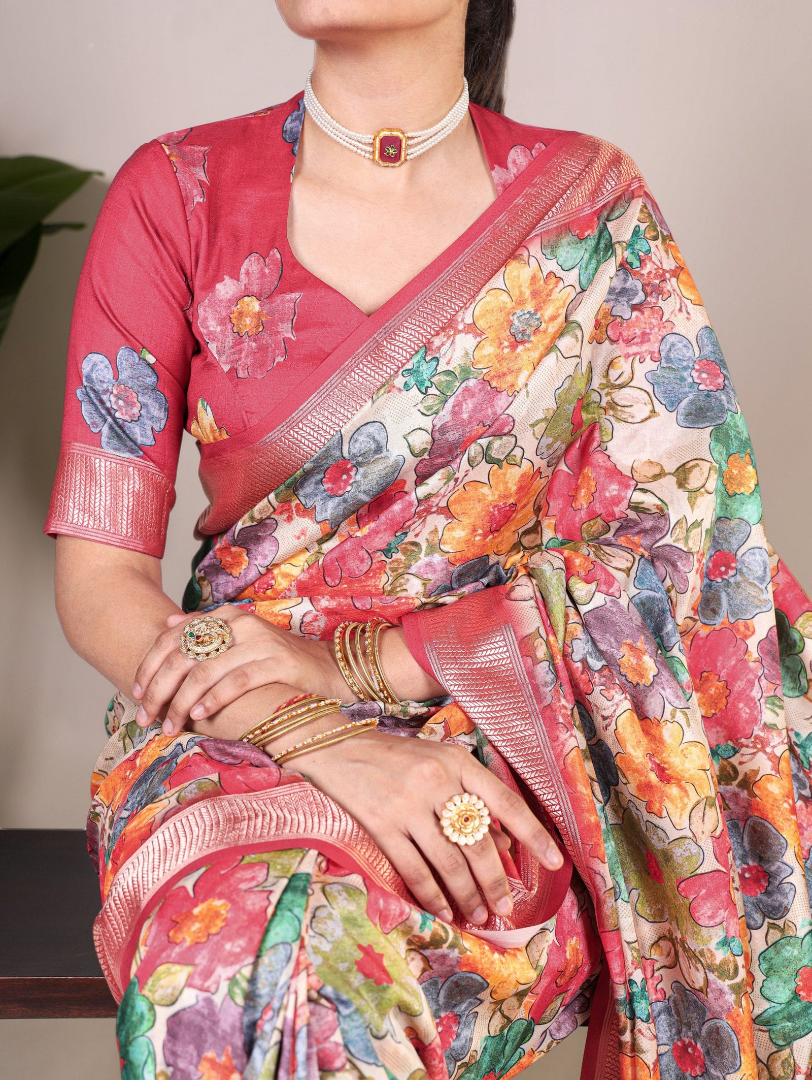 Pink Elegant Tussar Silk Floral Printed Saree with Viscose Border ClothsVilla