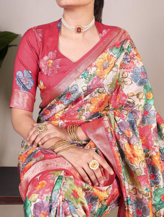 Pink Elegant Tussar Silk Floral Printed Saree with Viscose Border ClothsVilla