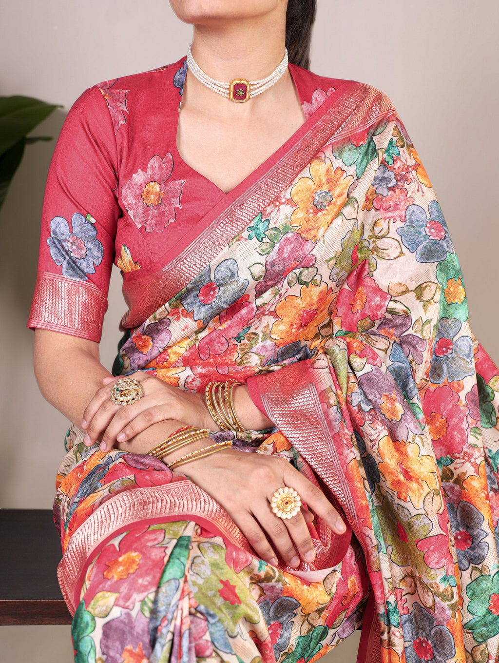 Pink Elegant Tussar Silk Floral Printed Saree with Viscose Border ClothsVilla