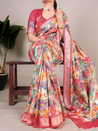 Pink Elegant Tussar Silk Floral Printed Saree with Viscose Border ClothsVilla