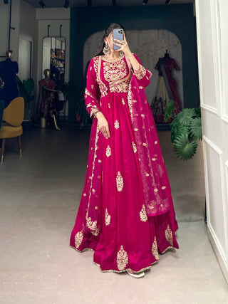 Pink Elegant Vichitra Silk Embroidered Gown with Net Dupatta Clothsvilla
