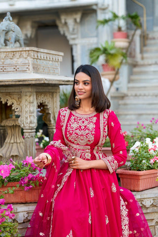 Pink Elegant Vichitra Silk Embroidered Gown with Net Dupatta Clothsvilla