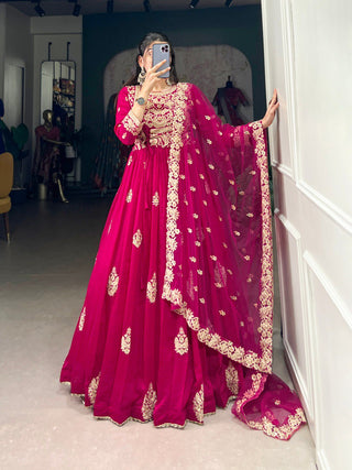 Pink Elegant Vichitra Silk Embroidered Gown with Net Dupatta Clothsvilla