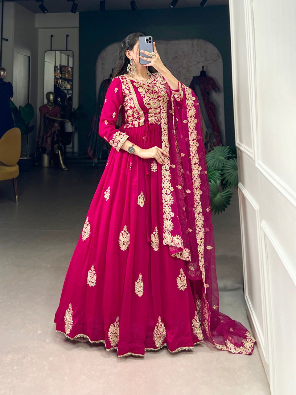 Pink Elegant Vichitra Silk Embroidered Gown with Net Dupatta Clothsvilla