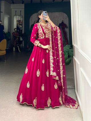 Pink Elegant Vichitra Silk Embroidered Gown with Net Dupatta Clothsvilla