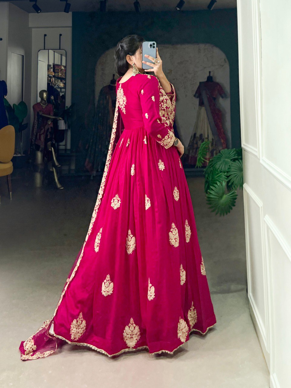 Pink Elegant Vichitra Silk Embroidered Gown with Net Dupatta Clothsvilla