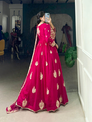 Pink Elegant Vichitra Silk Embroidered Gown with Net Dupatta Clothsvilla