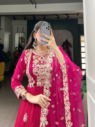 Pink Elegant Vichitra Silk Embroidered Gown with Net Dupatta Clothsvilla