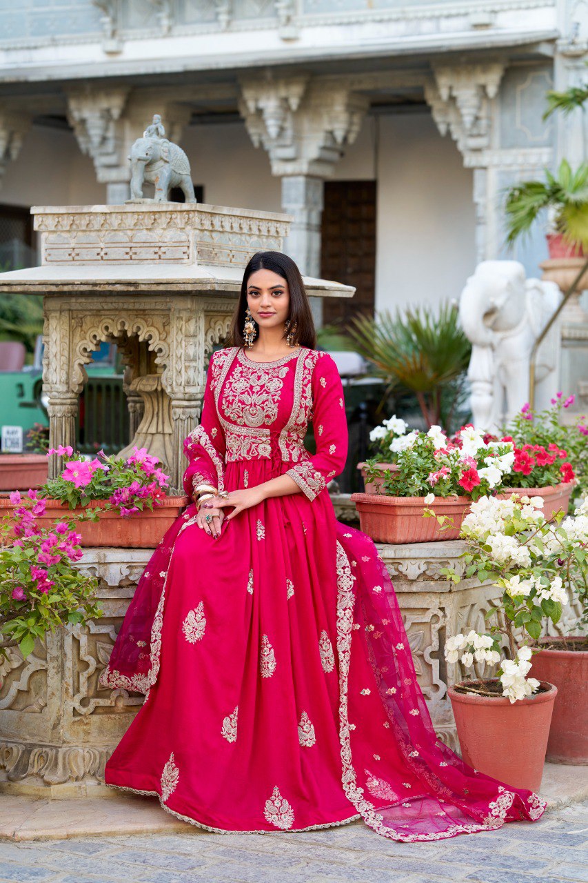 Pink Elegant Vichitra Silk Embroidered Gown with Net Dupatta Clothsvilla