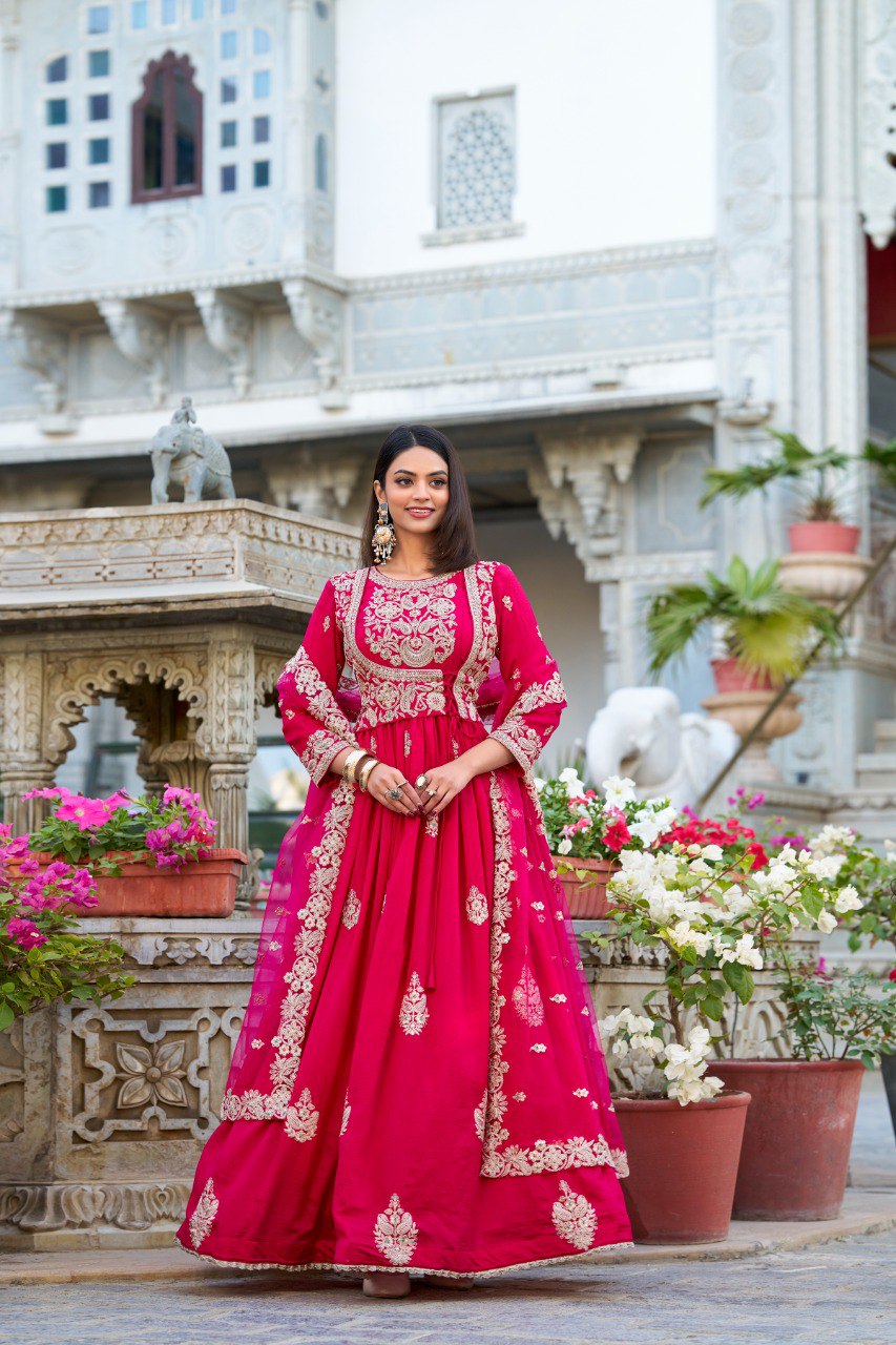 Pink Elegant Vichitra Silk Embroidered Gown with Net Dupatta Clothsvilla