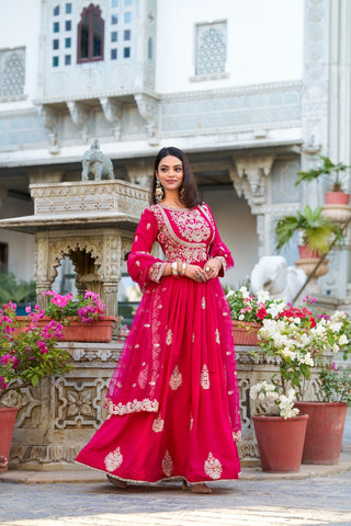 Pink Elegant Vichitra Silk Embroidered Gown with Net Dupatta Clothsvilla