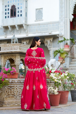 Pink Elegant Vichitra Silk Embroidered Gown with Net Dupatta Clothsvilla