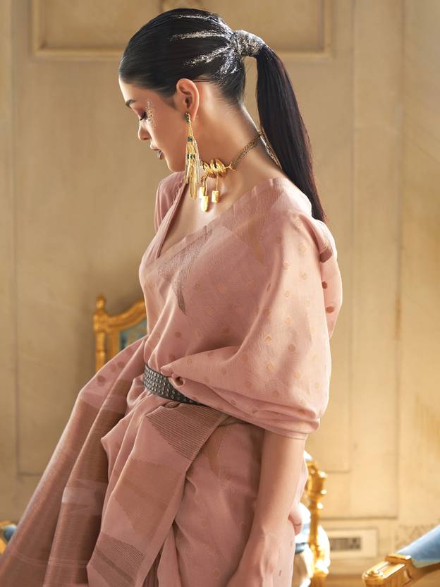 Pink Embroidered Banarasi Tissue Saree with Tassels ClothsVilla