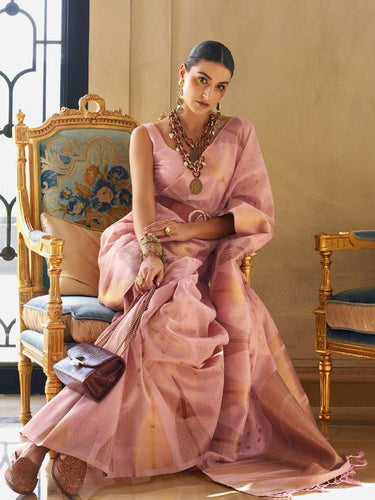 Pink Embroidered Banarasi Tissue Saree with Tassels ClothsVilla