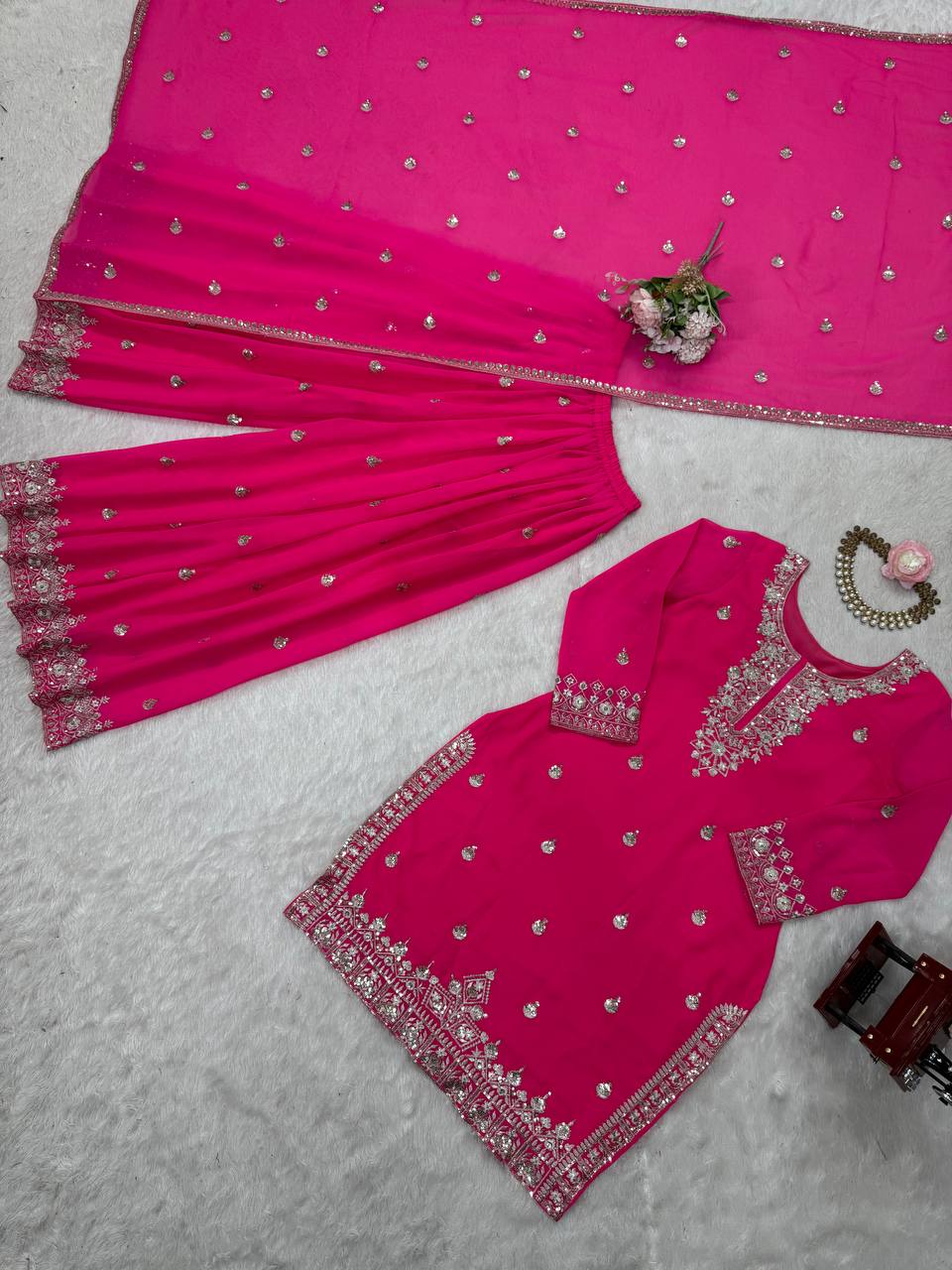 Pink Embroidered Faux Georgette Plazo Suit Set with Dupatta ClothsVilla