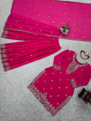 Pink Embroidered Faux Georgette Plazo Suit Set with Dupatta ClothsVilla