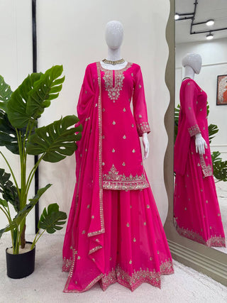 Pink Embroidered Faux Georgette Plazo Suit Set with Dupatta ClothsVilla