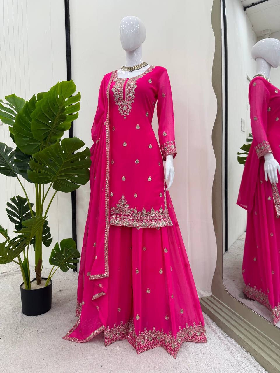 Pink Embroidered Faux Georgette Plazo Suit Set with Dupatta ClothsVilla