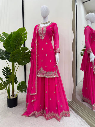 Pink Embroidered Faux Georgette Plazo Suit Set with Dupatta ClothsVilla