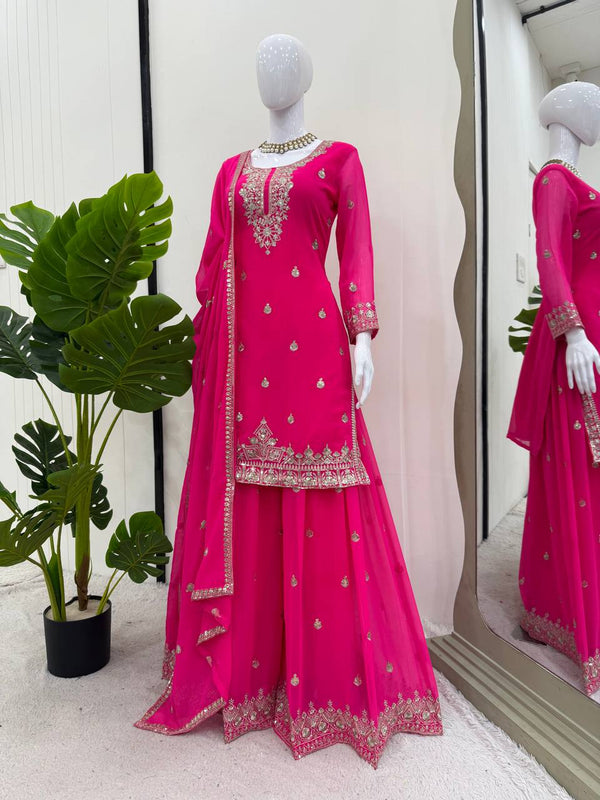 Pink Embroidered Faux Georgette Plazo Suit Set with Dupatta ClothsVilla