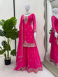 Load image into Gallery viewer, Pink Embroidered Faux Georgette Plazo Suit Set with Dupatta ClothsVilla