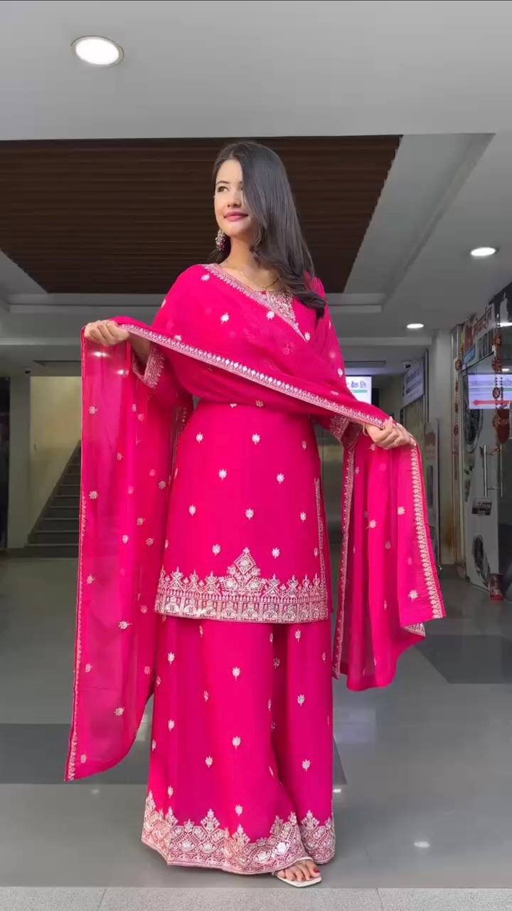 Pink Embroidered Faux Georgette Plazo Suit Set with Dupatta ClothsVilla