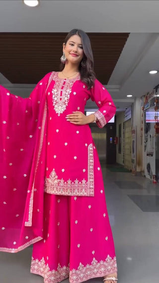 Pink Embroidered Faux Georgette Plazo Suit Set with Dupatta ClothsVilla