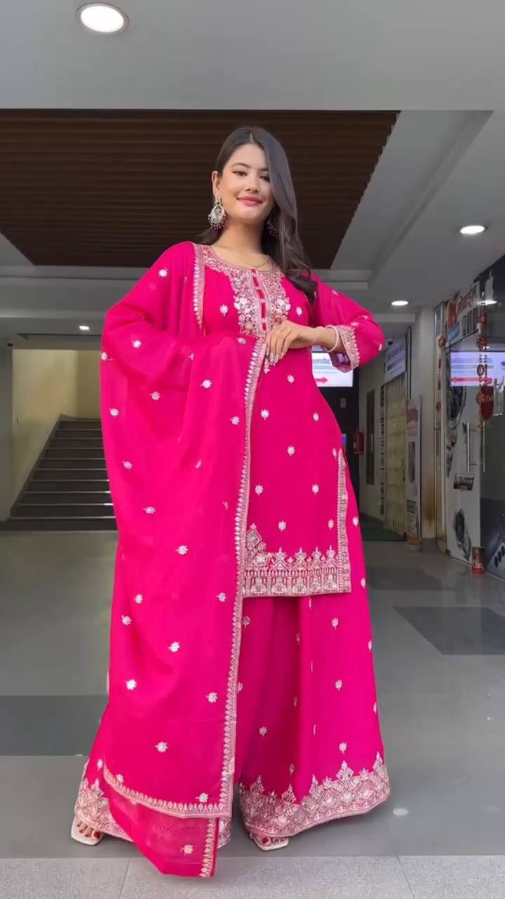 Pink Embroidered Faux Georgette Plazo Suit Set with Dupatta ClothsVilla