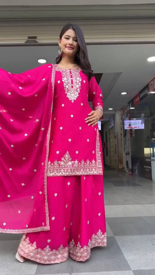 Pink Embroidered Faux Georgette Plazo Suit Set with Dupatta ClothsVilla