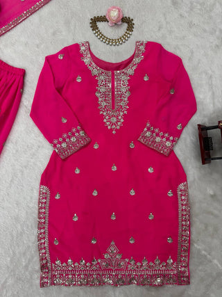 Pink Embroidered Faux Georgette Plazo Suit Set with Dupatta ClothsVilla