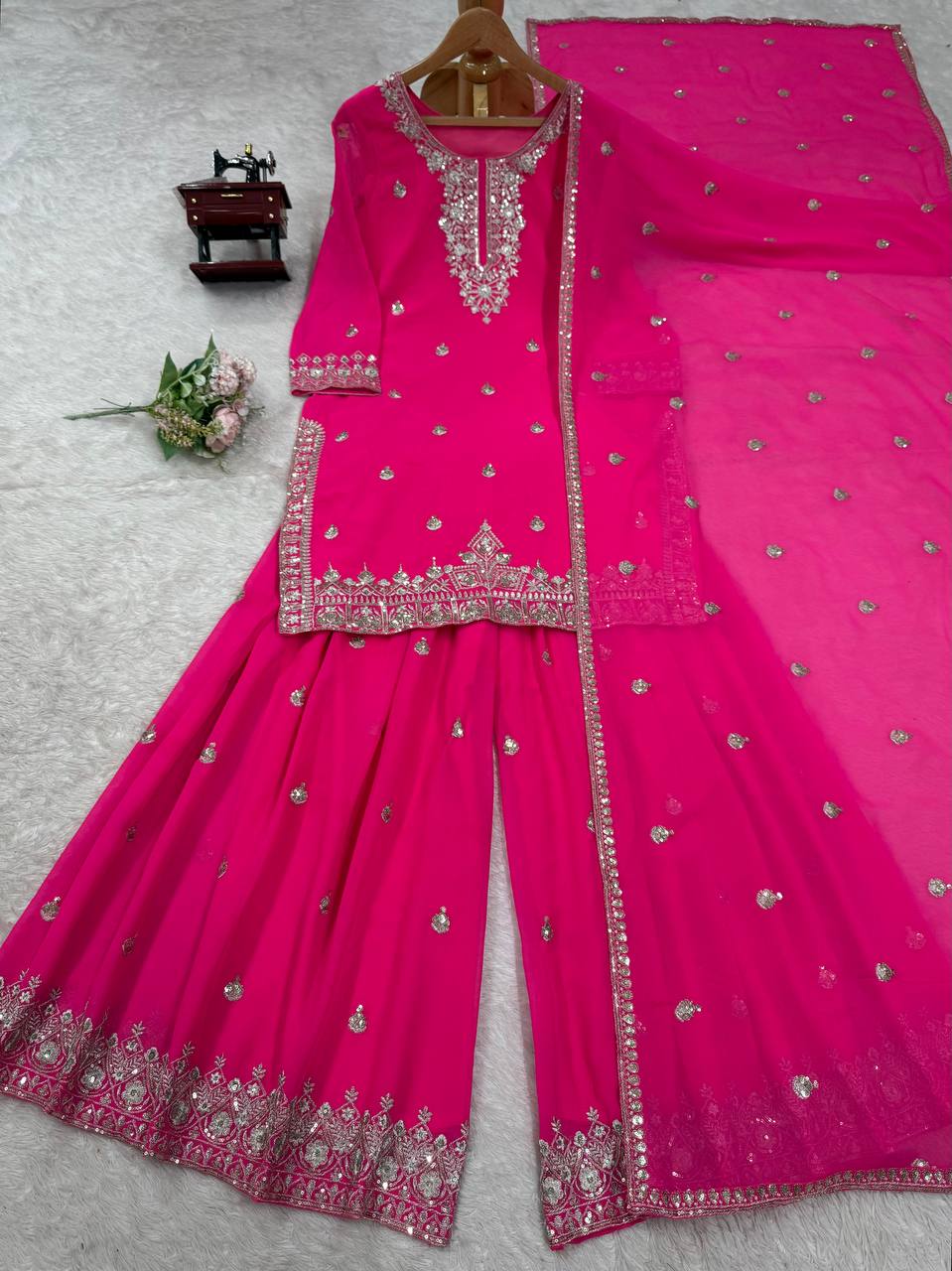 Pink Embroidered Faux Georgette Plazo Suit Set with Dupatta ClothsVilla