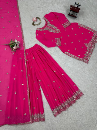 Pink Embroidered Faux Georgette Plazo Suit Set with Dupatta ClothsVilla