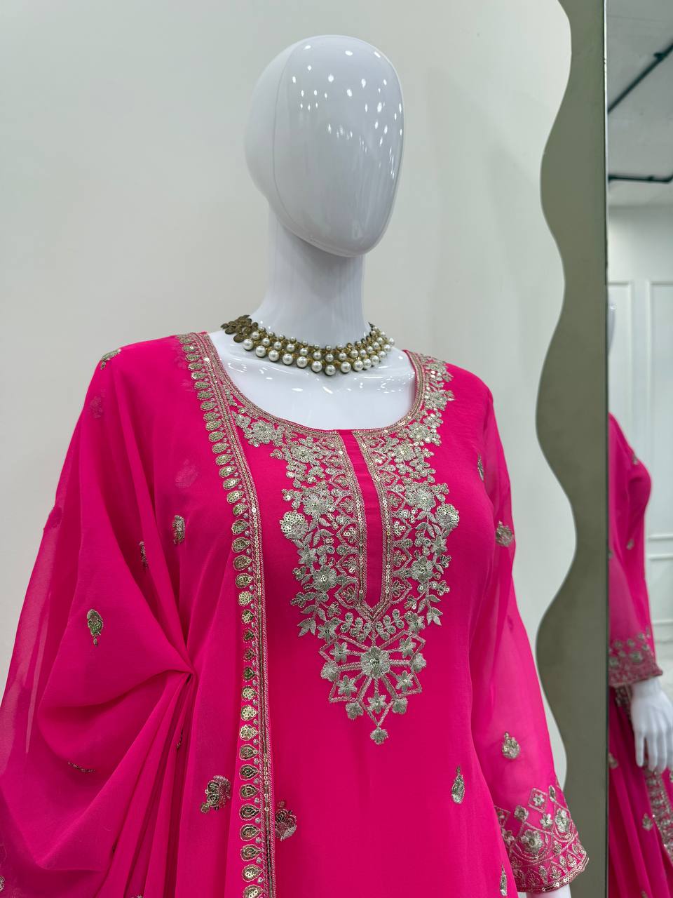 Pink Embroidered Faux Georgette Plazo Suit Set with Dupatta ClothsVilla
