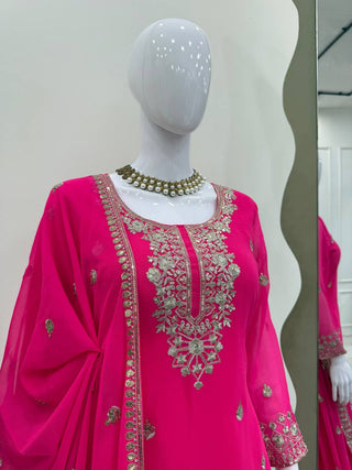 Pink Embroidered Faux Georgette Plazo Suit Set with Dupatta ClothsVilla