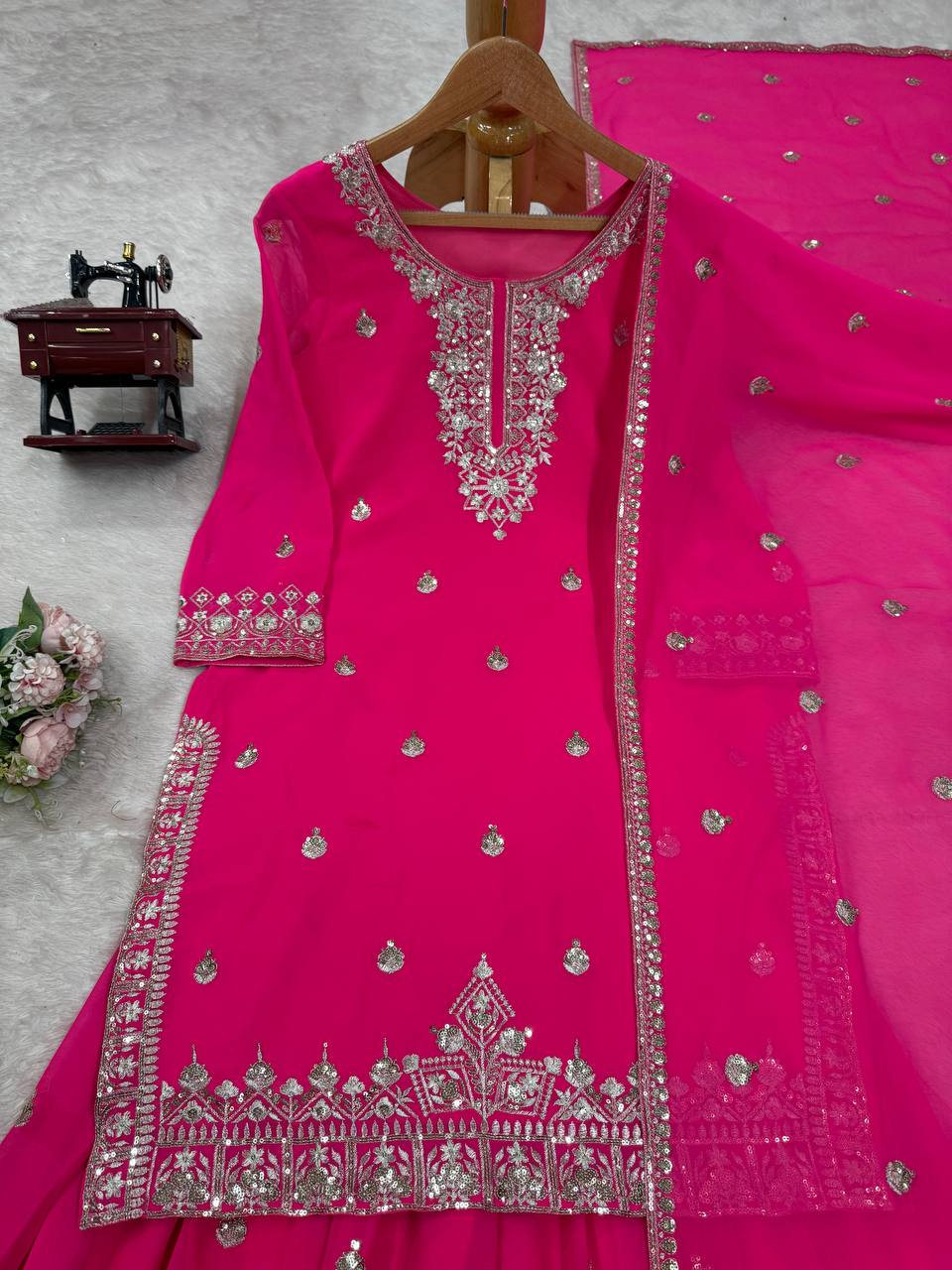 Pink Embroidered Faux Georgette Plazo Suit Set with Dupatta ClothsVilla