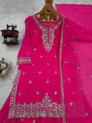 Pink Embroidered Faux Georgette Plazo Suit Set with Dupatta ClothsVilla