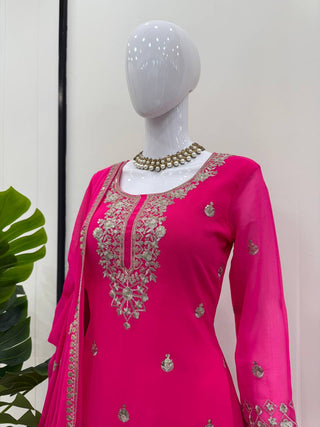 Pink Embroidered Faux Georgette Plazo Suit Set with Dupatta ClothsVilla