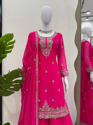 Pink Embroidered Faux Georgette Plazo Suit Set with Dupatta ClothsVilla