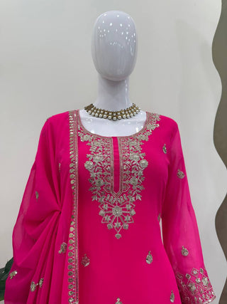 Pink Embroidered Faux Georgette Plazo Suit Set with Dupatta ClothsVilla