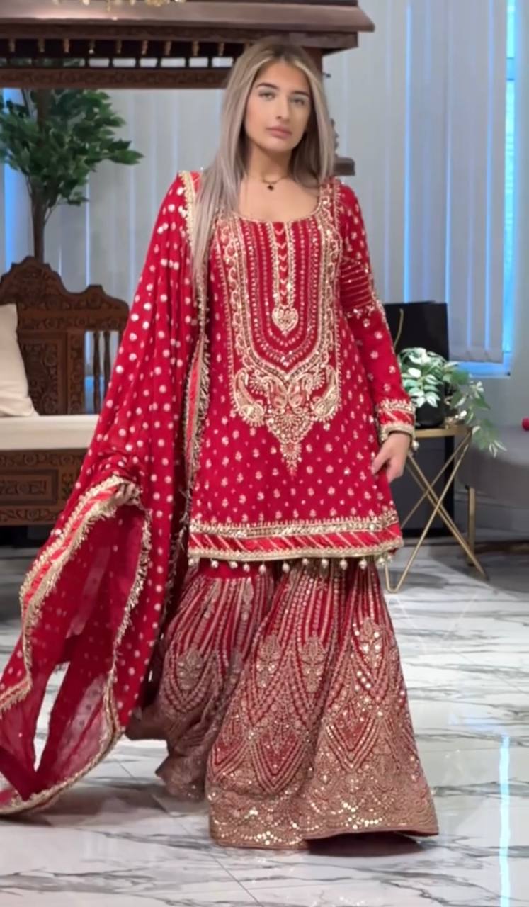 Pink Embroidered Faux Georgette Plazzo Set with Sequins Work & Lace Dupatta ClothsVilla