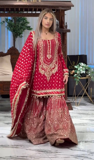 Pink Embroidered Faux Georgette Plazzo Set with Sequins Work & Lace Dupatta ClothsVilla