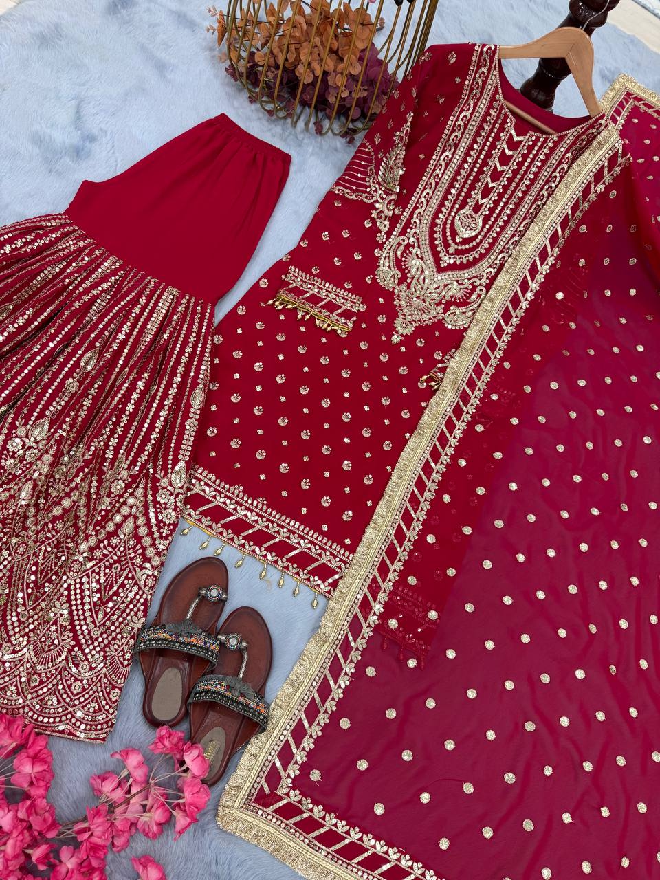 Pink Embroidered Faux Georgette Plazzo Set with Sequins Work & Lace Dupatta ClothsVilla