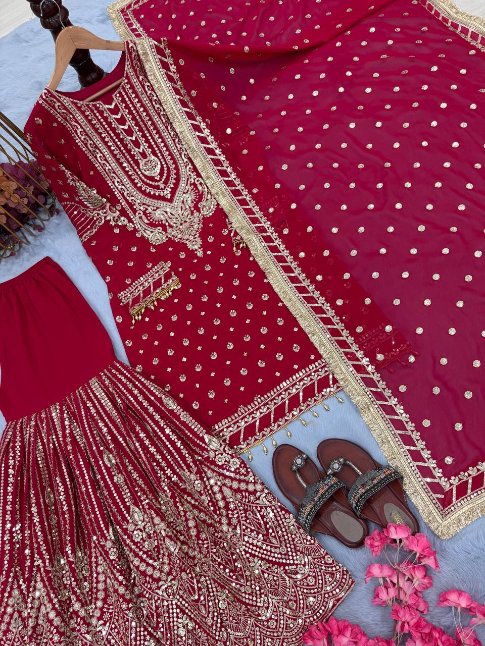 Pink Embroidered Faux Georgette Plazzo Set with Sequins Work & Lace Dupatta ClothsVilla