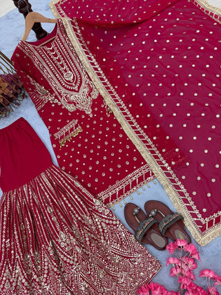 Pink Embroidered Faux Georgette Plazzo Set with Sequins Work & Lace Dupatta ClothsVilla