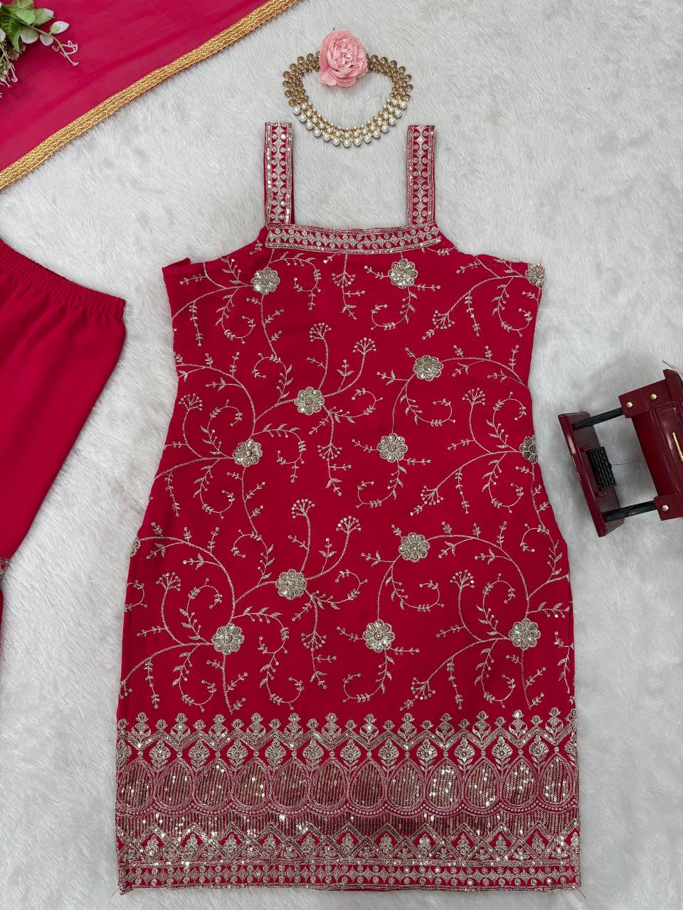Pink Embroidered Faux Georgette Sharara Suit Set with Dupatta ClothsVilla