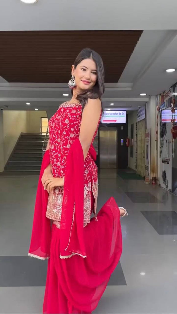 Pink Embroidered Faux Georgette Sharara Suit Set with Dupatta ClothsVilla