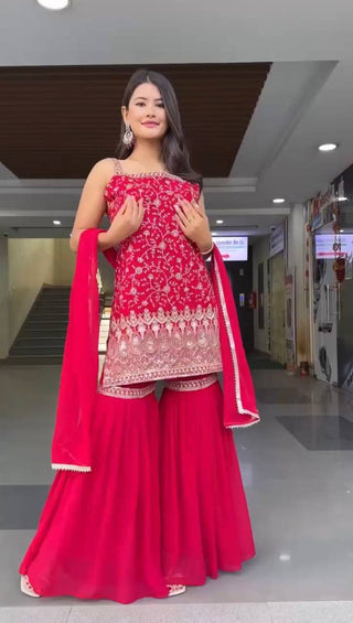 Pink Embroidered Faux Georgette Sharara Suit Set with Dupatta ClothsVilla
