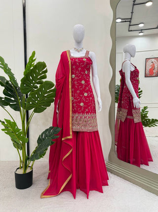 Pink Embroidered Faux Georgette Sharara Suit Set with Dupatta ClothsVilla