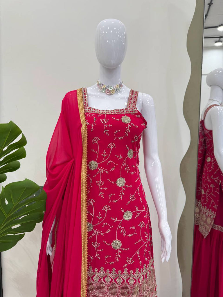 Pink Embroidered Faux Georgette Sharara Suit Set with Dupatta ClothsVilla